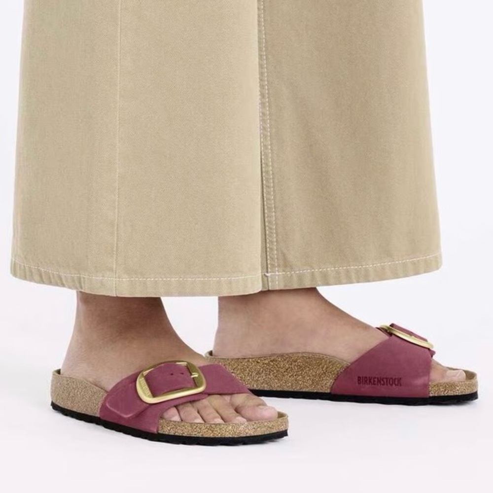 Birkenstock Madrid Big Gold Buckle in Berry Crush nubuck slide size 6-6.5